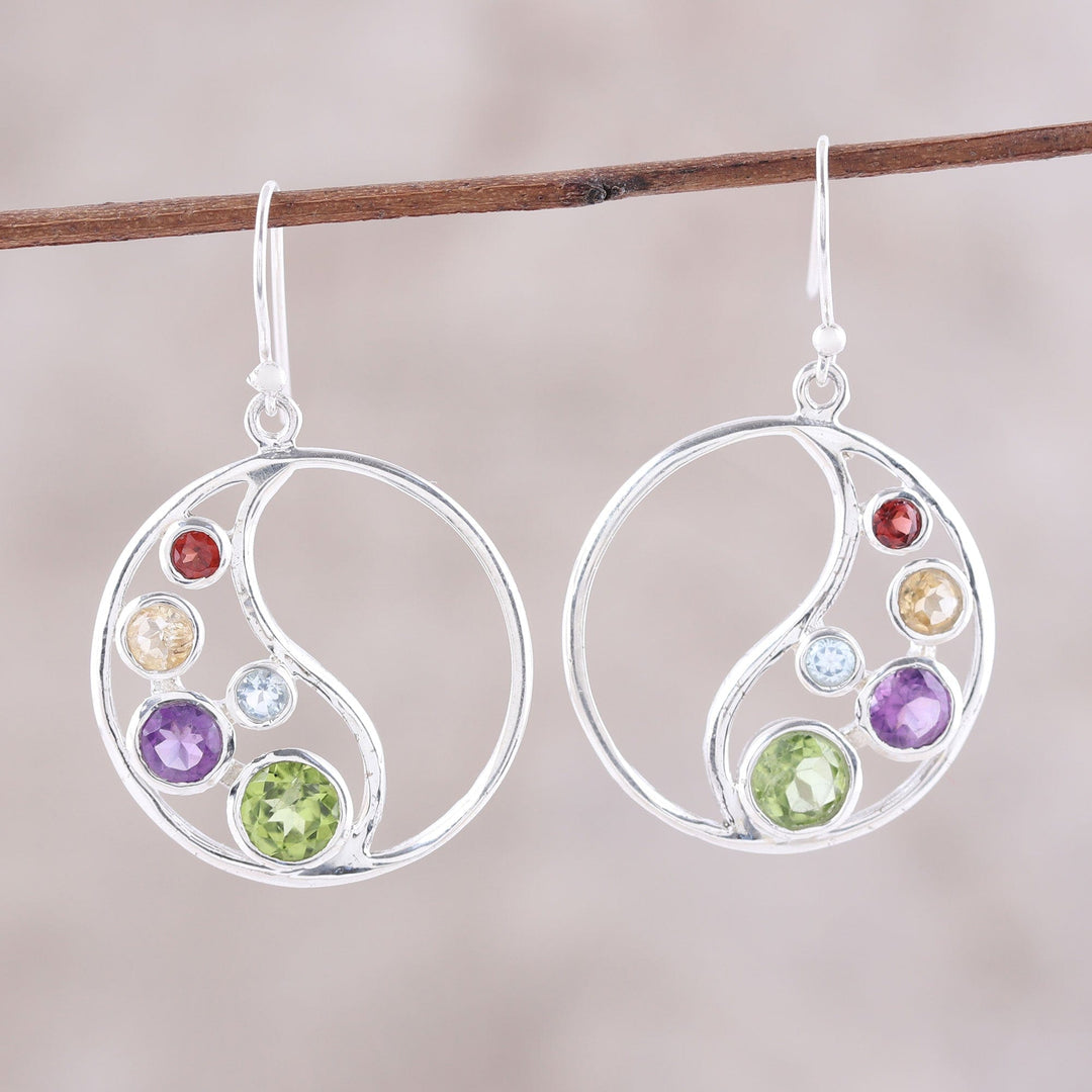 Circular Multi-Gemstone Dangle Earrings - Sparkling Loop