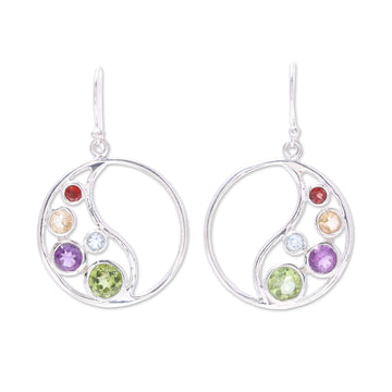 Circular Multi-Gemstone Dangle Earrings - Sparkling Loop