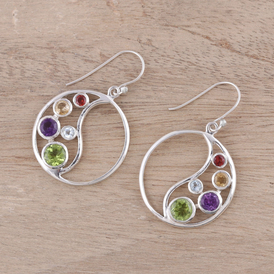 Circular Multi-Gemstone Dangle Earrings - Sparkling Loop