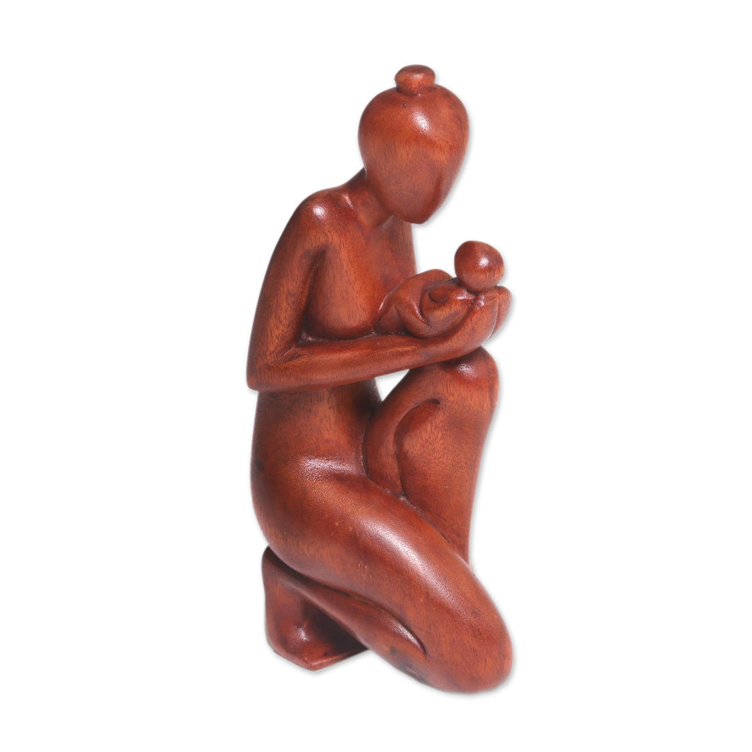 Hand-Carved Suar Wood Newborn Wonder Motherhood Sculpture - Newborn Wonder
