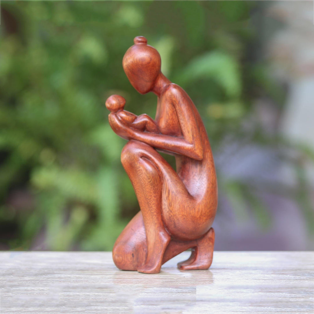 Hand-Carved Suar Wood Newborn Wonder Motherhood Sculpture - Newborn Wonder