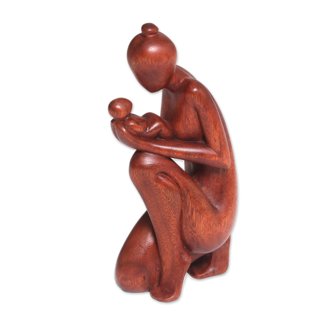 Hand-Carved Suar Wood Newborn Wonder Motherhood Sculpture - Newborn Wonder
