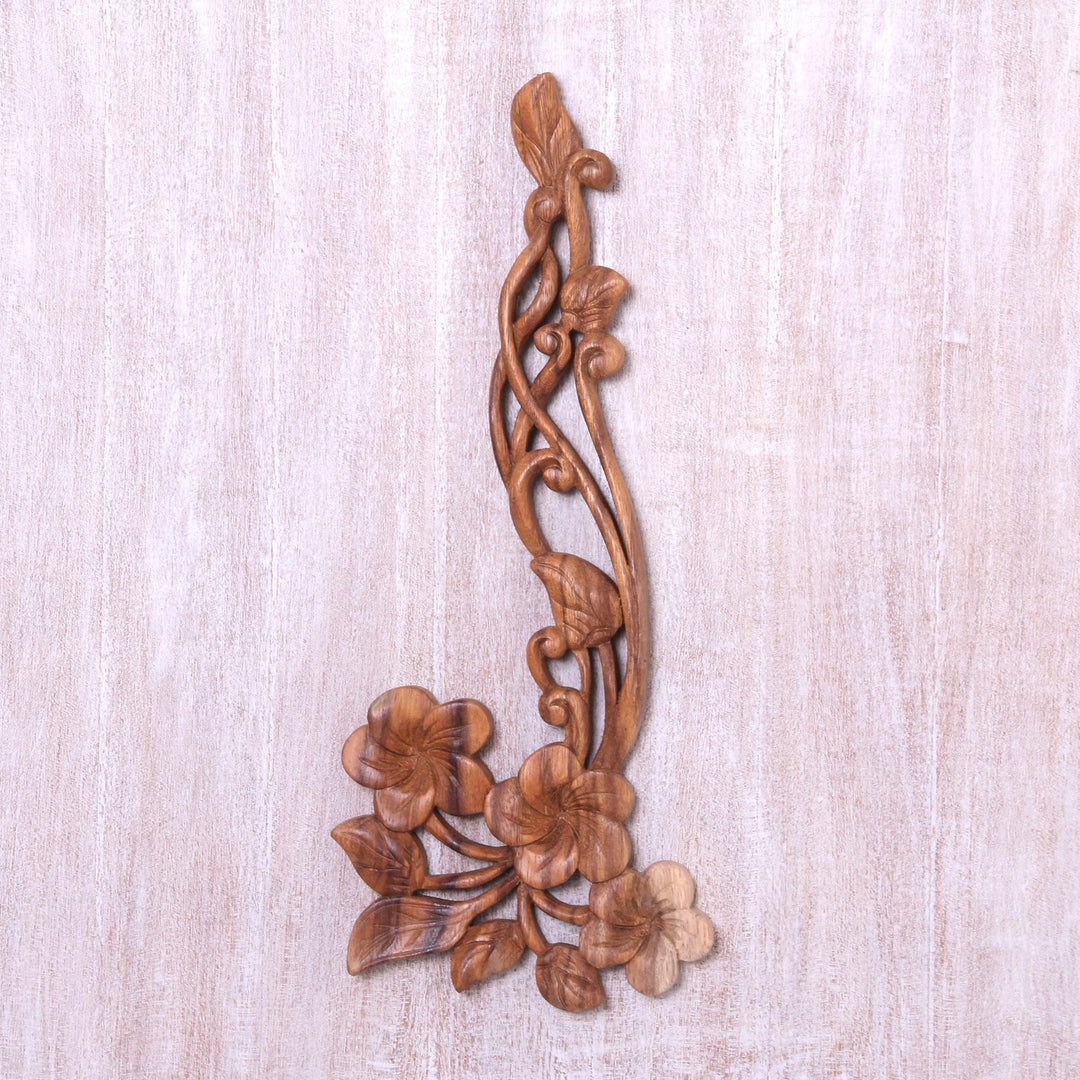 Hand Carved Floral Suar Wood Wall Relief Panel - Frangipani Flourish