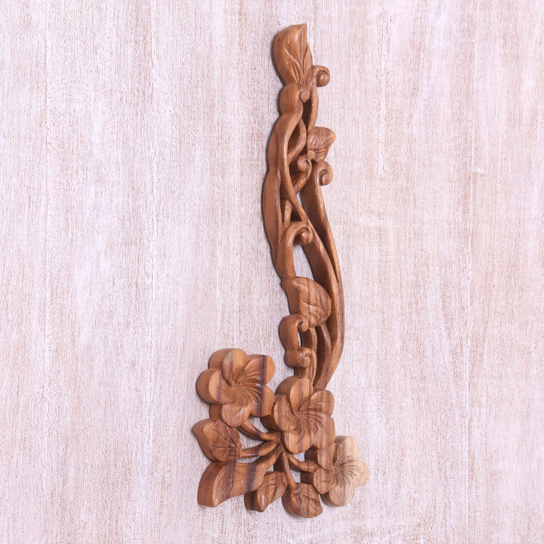 Hand Carved Floral Suar Wood Wall Relief Panel - Frangipani Flourish