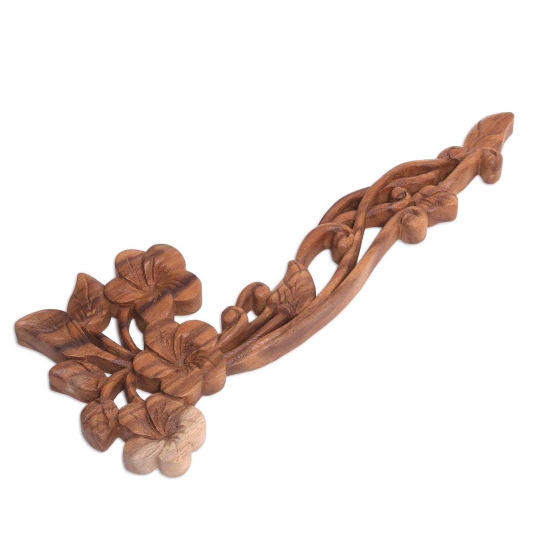 Hand Carved Floral Suar Wood Wall Relief Panel - Frangipani Flourish