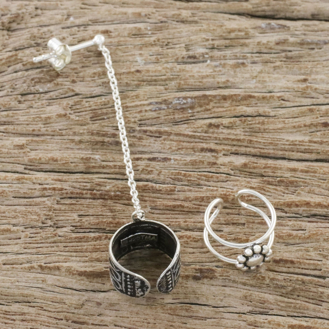 Sterling Silver Ear Cuffs with Chain from Thailand - Sweet Strength