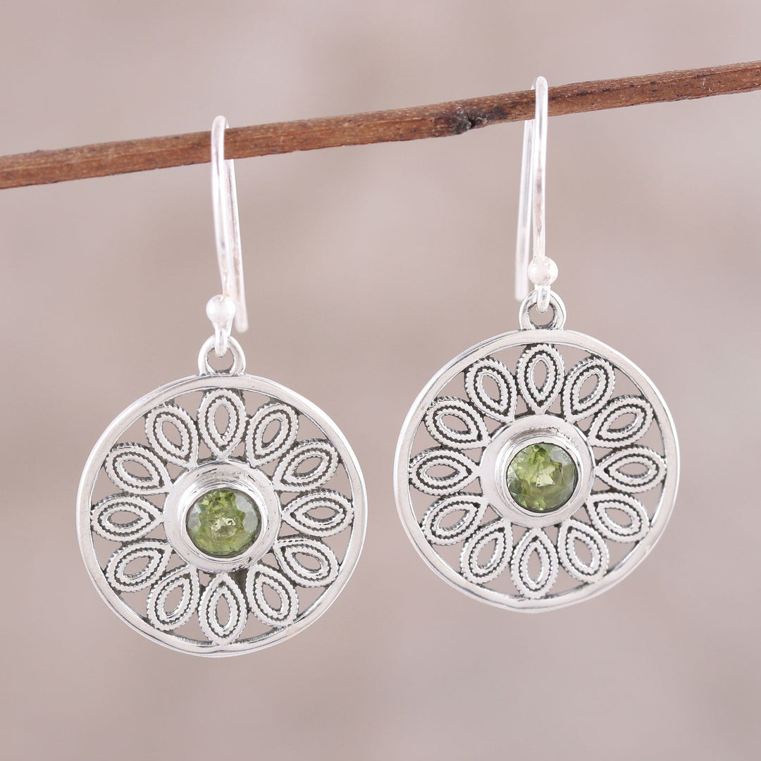 Peridot and Sterling Silver Flower Circle Dangle Earrings - Elegant Daisy