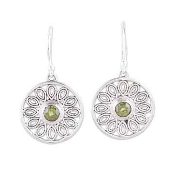 Peridot and Sterling Silver Flower Circle Dangle Earrings - Elegant Daisy