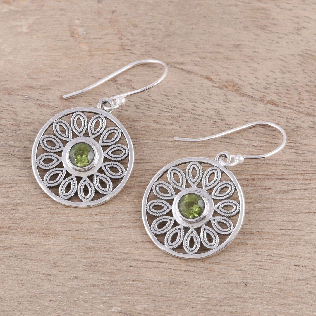 Peridot and Sterling Silver Flower Circle Dangle Earrings - Elegant Daisy