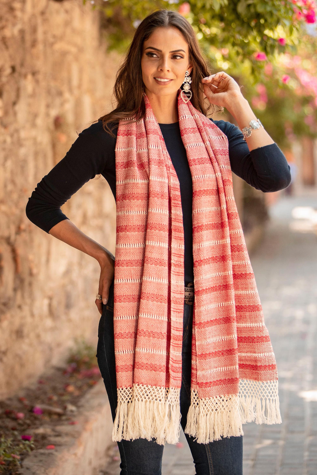 Red and Ivory Multiple Motif Handwoven Cotton Rebozo - Rosy Outlook