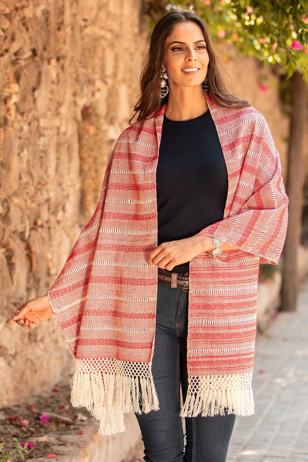 Red and Ivory Multiple Motif Handwoven Cotton Rebozo - Rosy Outlook