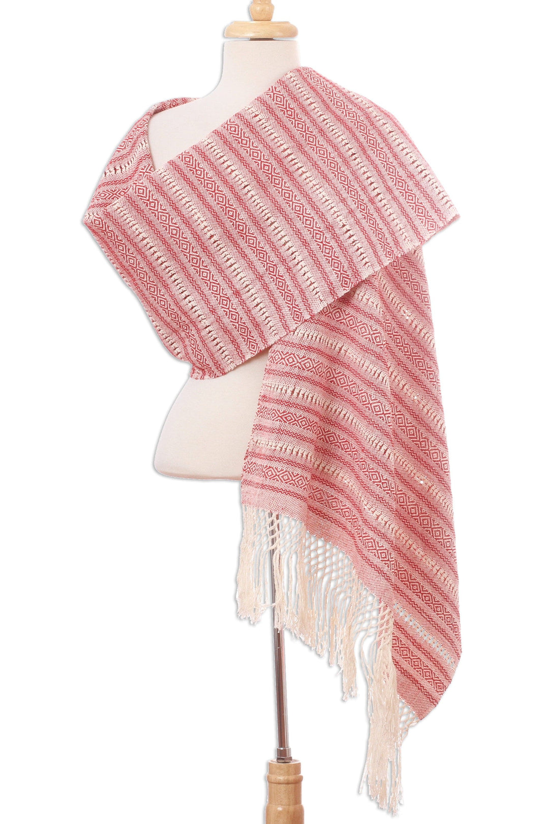 Red and Ivory Multiple Motif Handwoven Cotton Rebozo - Rosy Outlook
