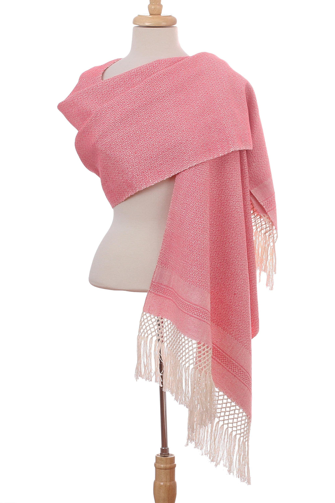Ivory Diamond Motif on Rose Pink Handwoven Cotton Rebozo - Diamond Blush