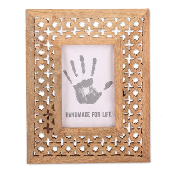 Hand-Carved Mango Wood Starry Blossoms Photo Frame 4x6 - Starry Blossoms