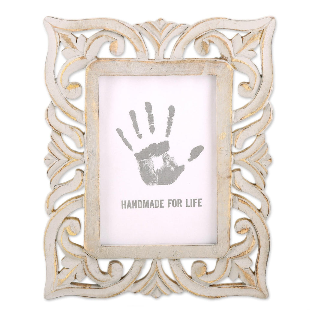 Grey Hand-Carved Mughal Garden 5x7 Mango Wood Photo Frame - Leafy Garden