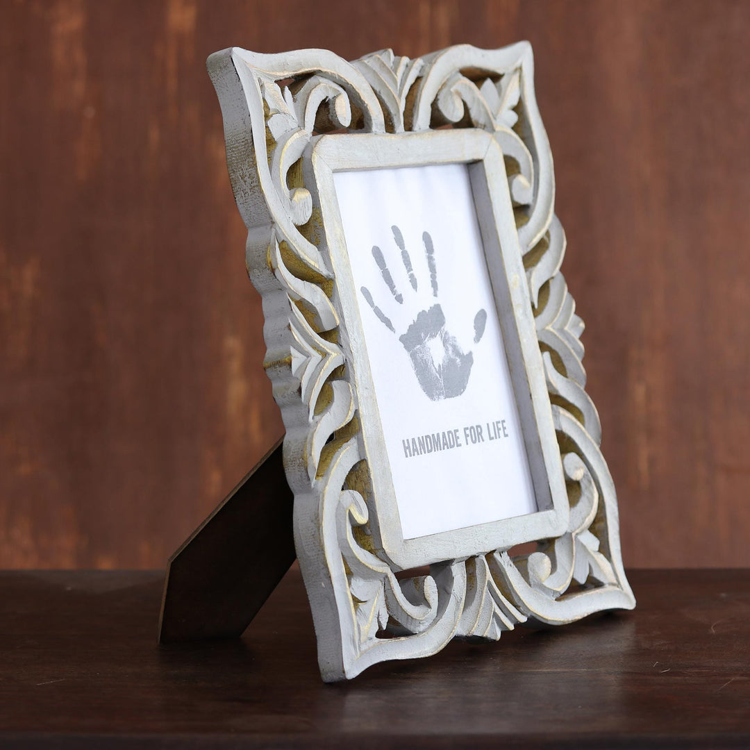 Grey Hand-Carved Mughal Garden 5x7 Mango Wood Photo Frame - Leafy Garden
