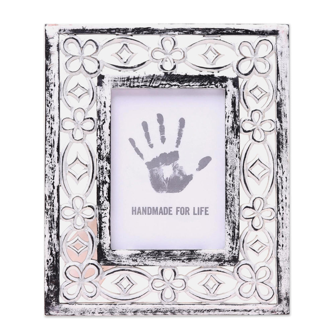 Milk White Distressed Hand Carved Mango Wood Photo Frame 5x7 - Bright Blooms