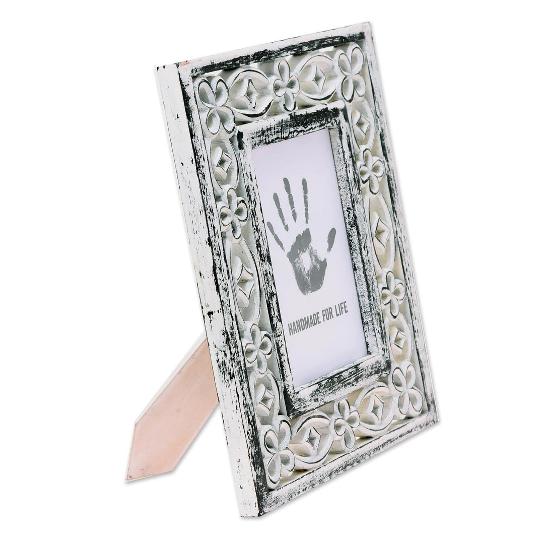 Milk White Distressed Hand Carved Mango Wood Photo Frame 5x7 - Bright Blooms