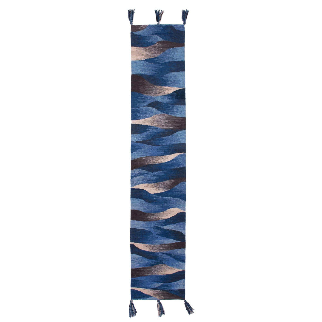 Hand Woven Blue Rectangular Wool Table Runner - Waves in Motion