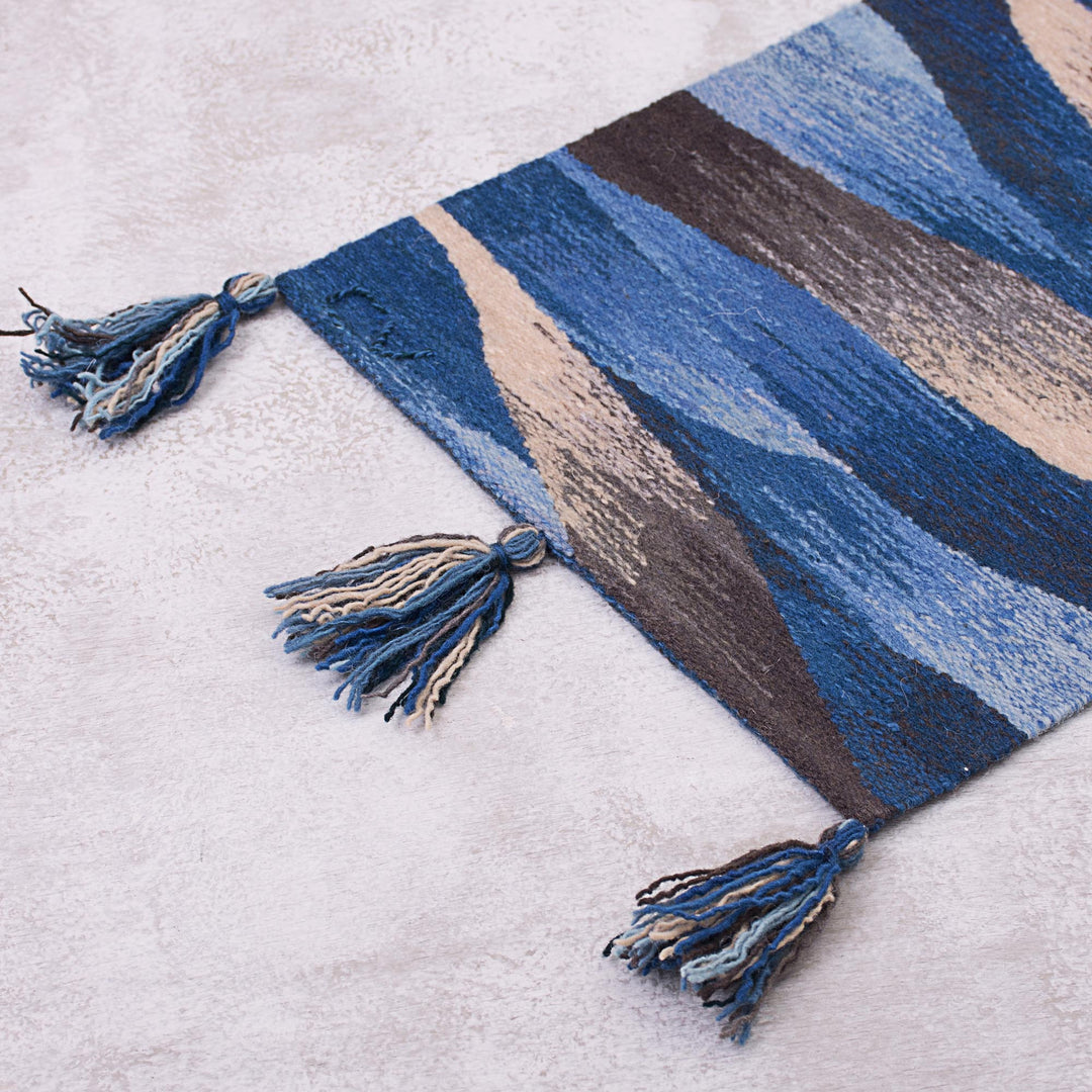 Hand Woven Blue Rectangular Wool Table Runner - Waves in Motion