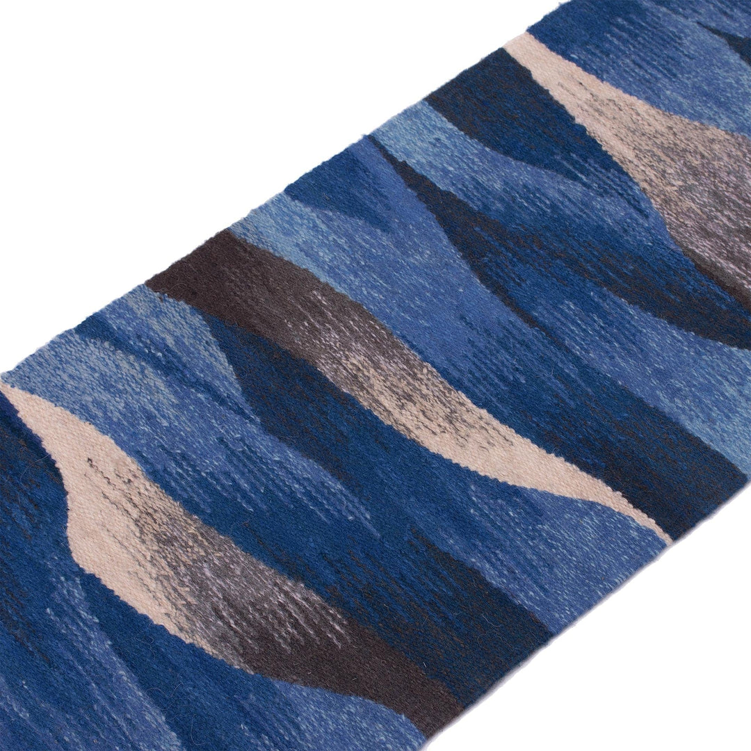 Hand Woven Blue Rectangular Wool Table Runner - Waves in Motion