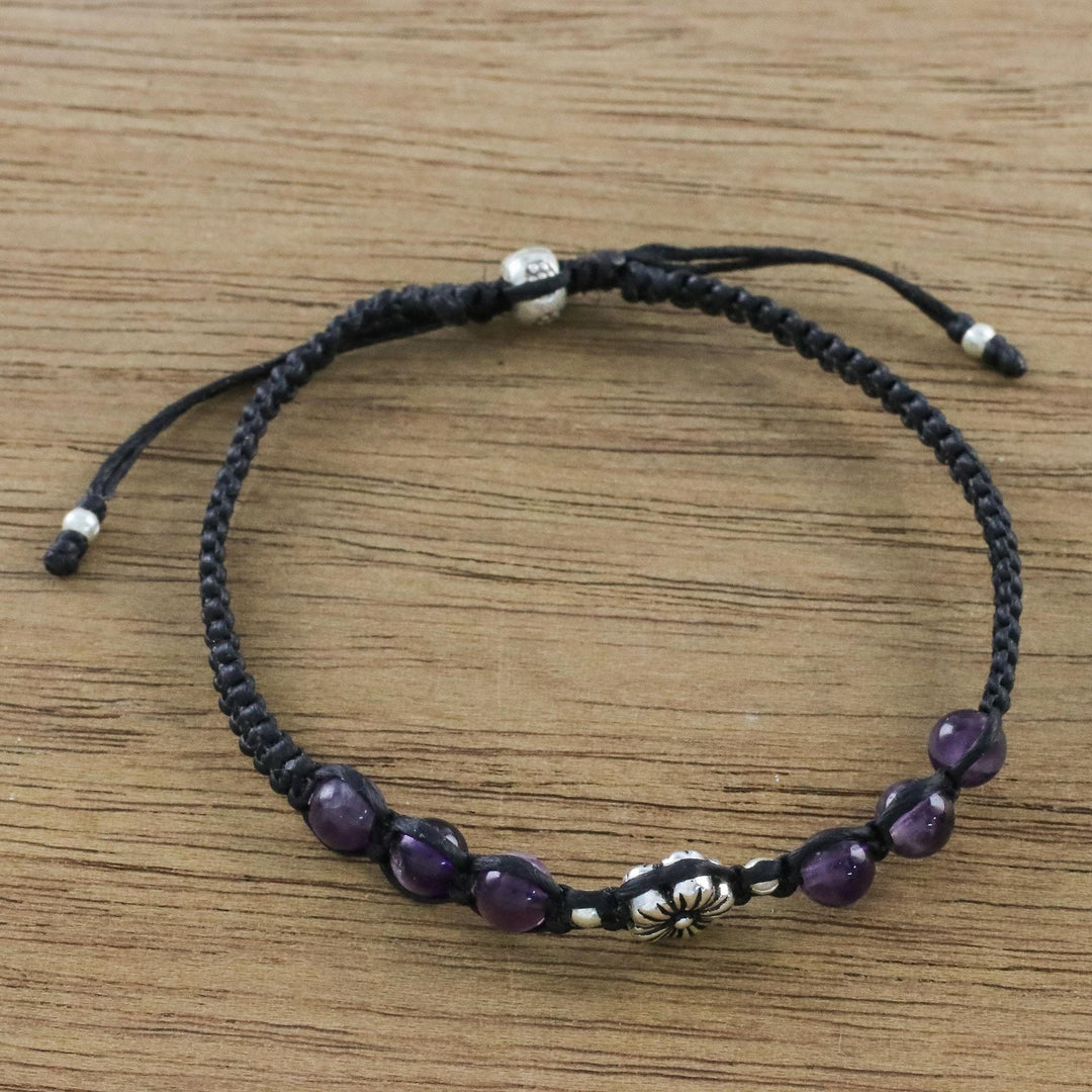 Floral Amethyst and Karen Silver Beaded Bracelet - Calm and Tranquil