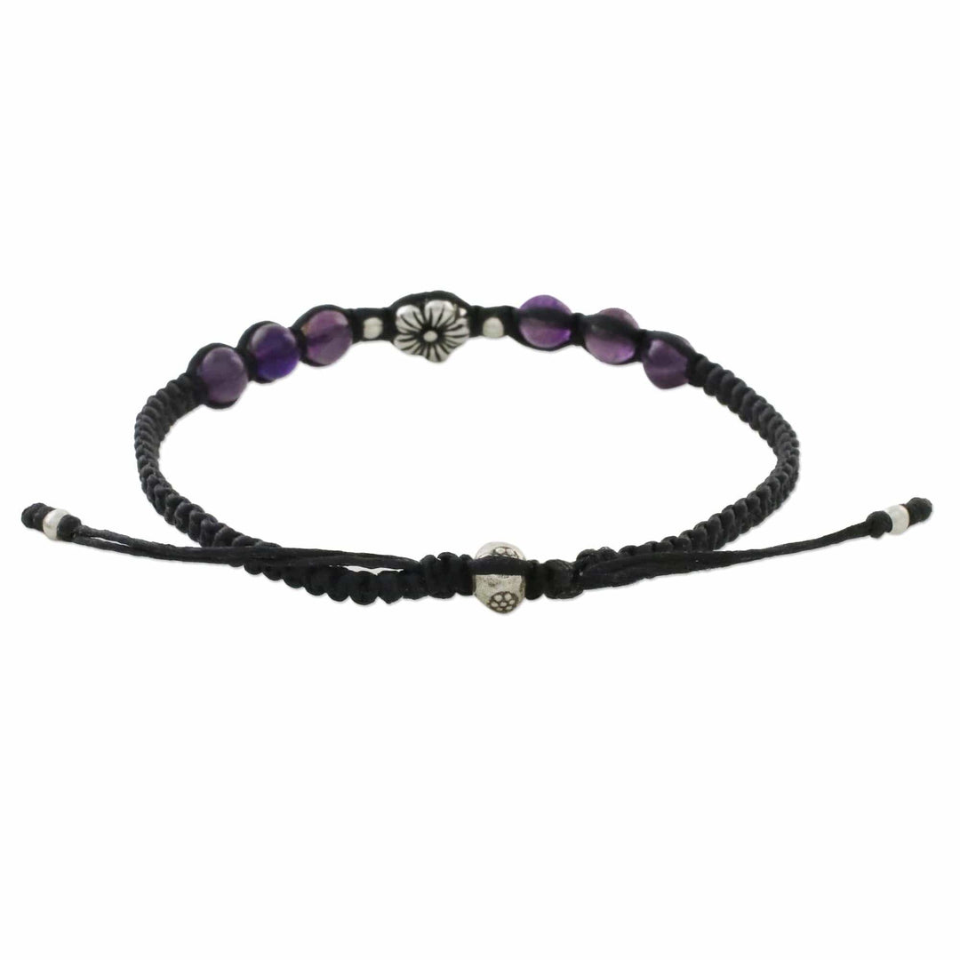 Floral Amethyst and Karen Silver Beaded Bracelet - Calm and Tranquil