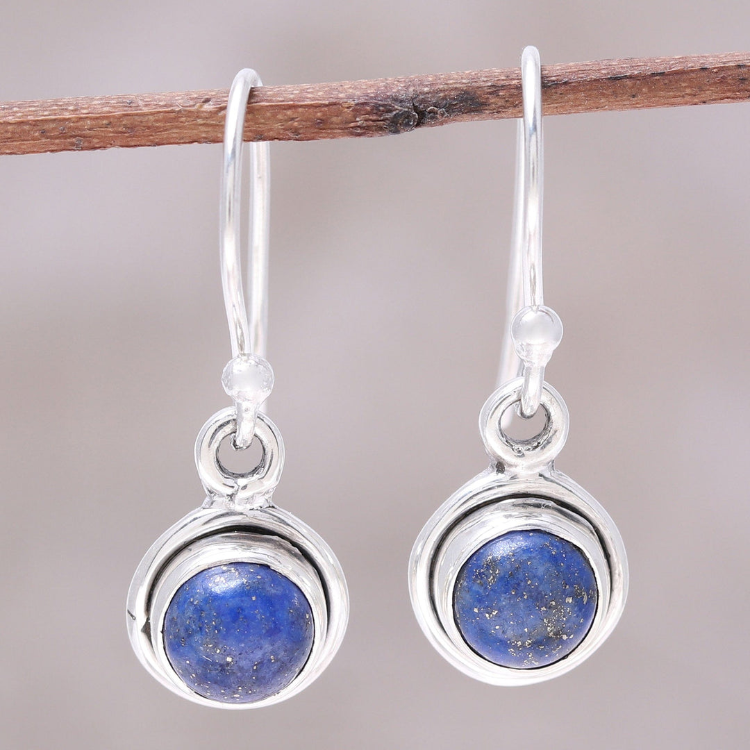 Round Lapis Lazuli Dangle Earrings from India - Adorable Moon in Deep Blue