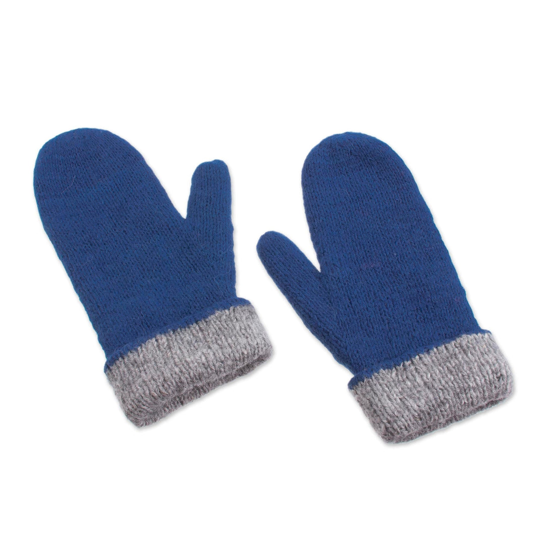 100% Alpaca Mittens in Azure and Grey from Peru - Striking Contrast in Azure