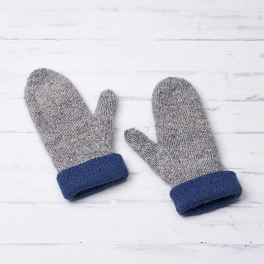 100% Alpaca Mittens in Azure and Grey from Peru - Striking Contrast in Azure