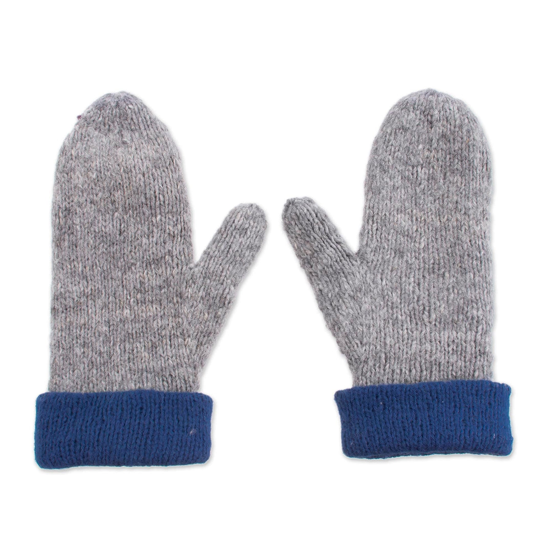 100% Alpaca Mittens in Azure and Grey from Peru - Striking Contrast in Azure