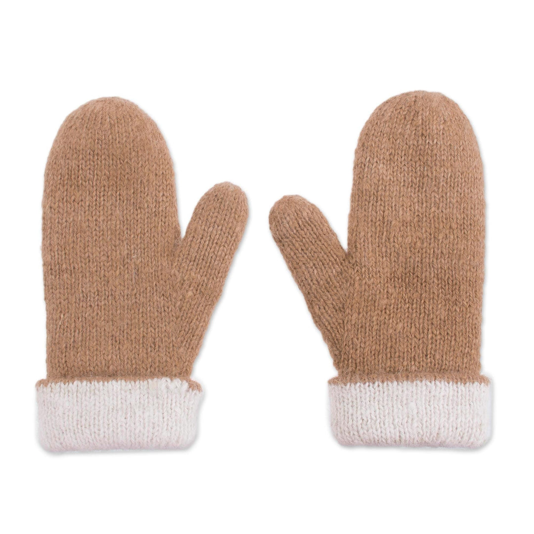 Knit 100% Alpaca Mittens in Tan and White from Peru - Striking Contrast in Tan