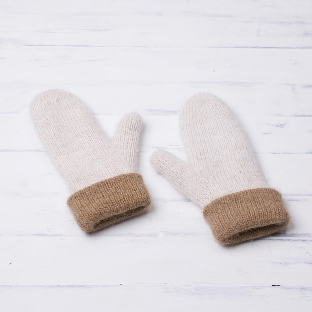 Knit 100% Alpaca Mittens in Tan and White from Peru - Striking Contrast in Tan