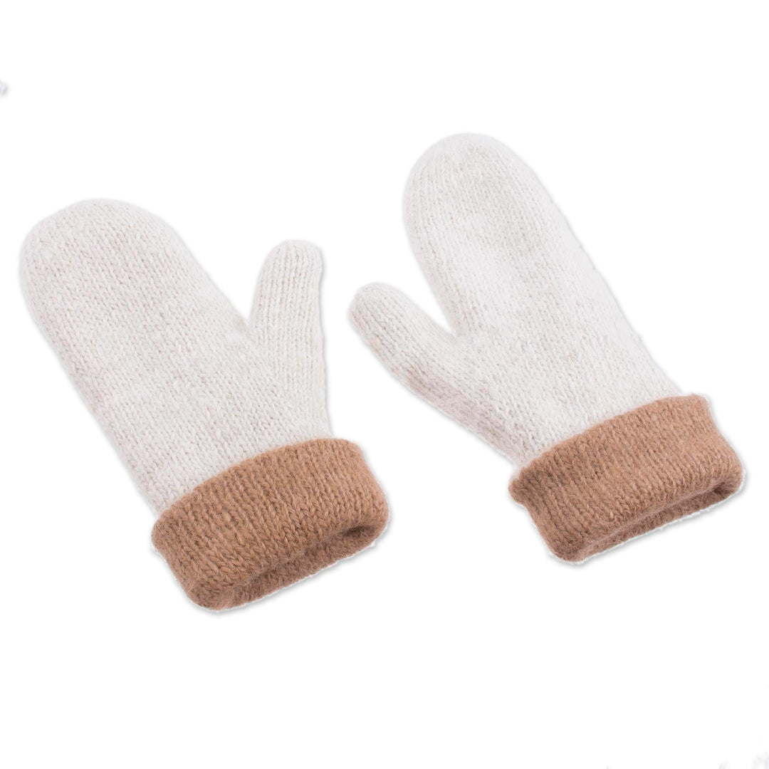 Knit 100% Alpaca Mittens in Tan and White from Peru - Striking Contrast in Tan