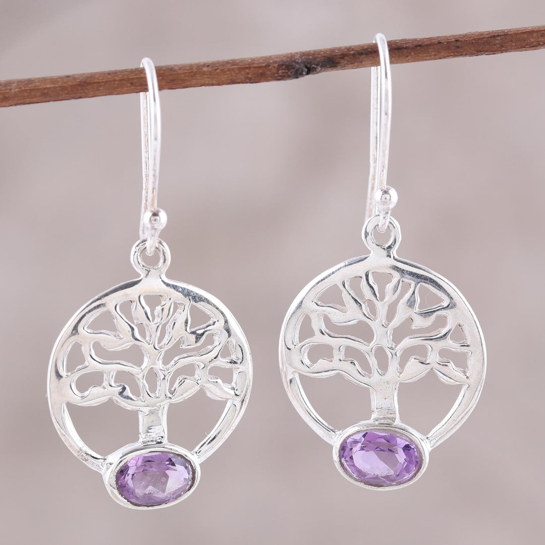 Tree Motif Amethyst Dangle Earrings from India - Corona Trees