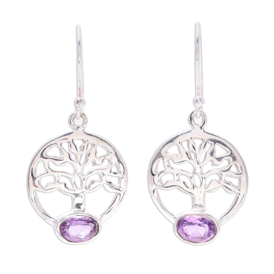 Tree Motif Amethyst Dangle Earrings from India - Corona Trees