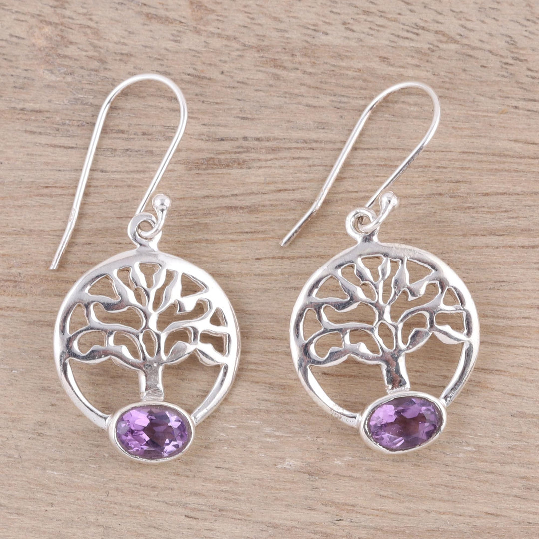 Tree Motif Amethyst Dangle Earrings from India - Corona Trees