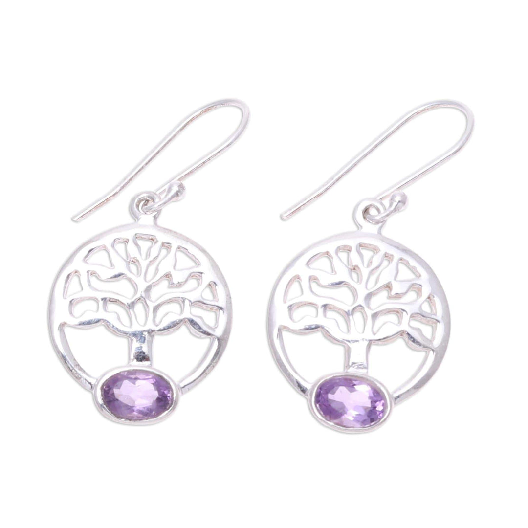 Tree Motif Amethyst Dangle Earrings from India - Corona Trees