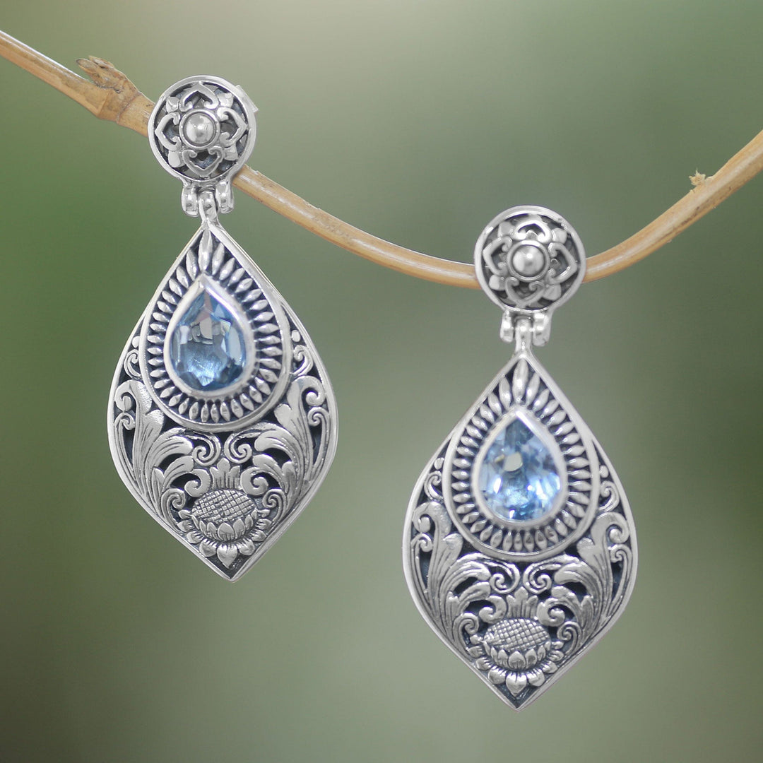 Floral Blue Topaz Dangle Earrings from Bali - Tari Lotus