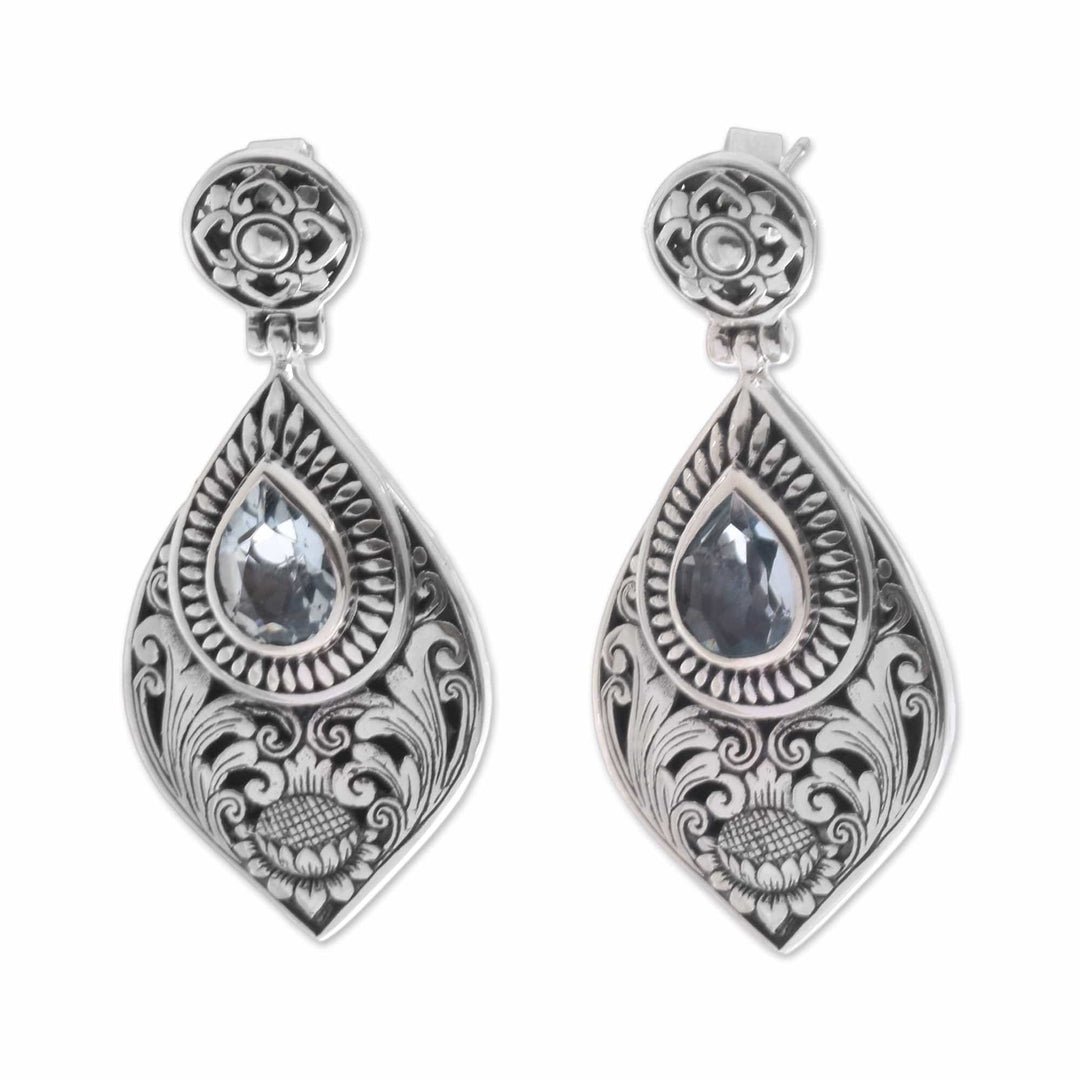 Floral Blue Topaz Dangle Earrings from Bali - Tari Lotus