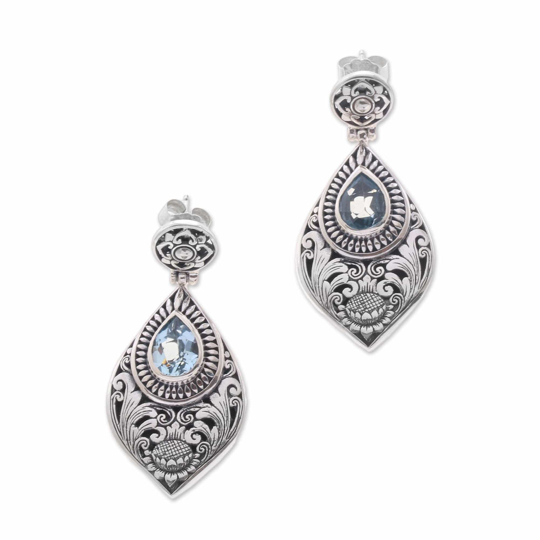 Floral Blue Topaz Dangle Earrings from Bali - Tari Lotus