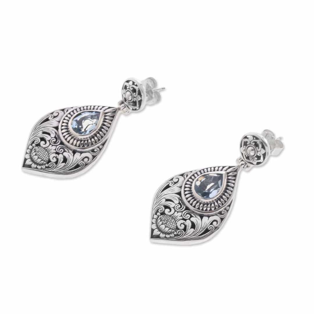Floral Blue Topaz Dangle Earrings from Bali - Tari Lotus