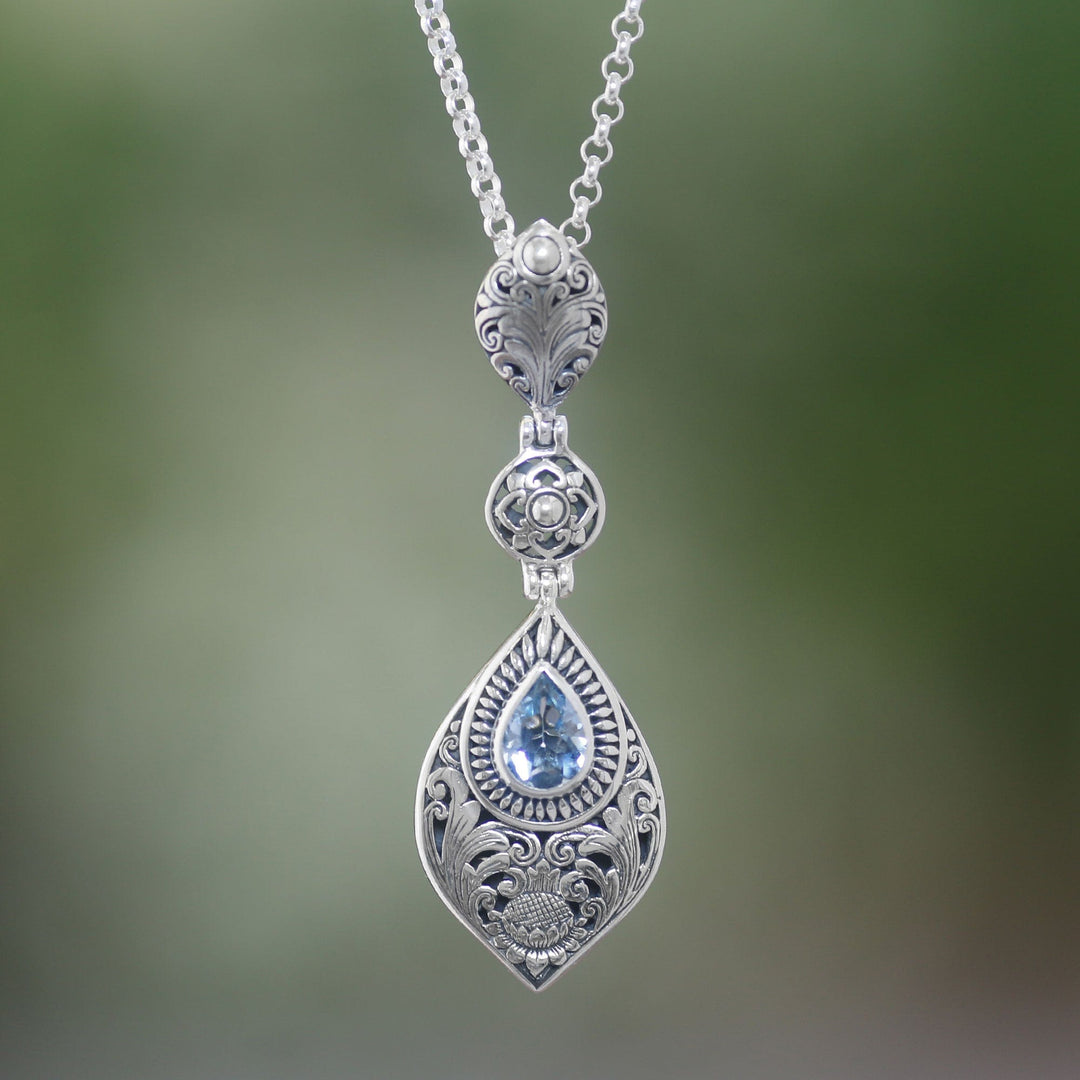 Floral Blue Topaz Pendant Necklace from Bali - Tari Lotus