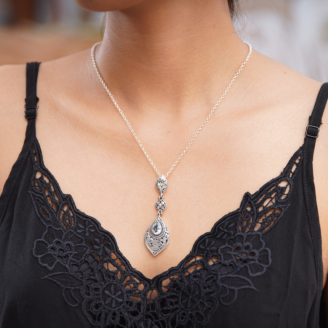 Floral Blue Topaz Pendant Necklace from Bali - Tari Lotus