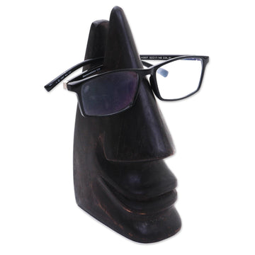 Whimsical Dark Brown Hand Carved Wood Face Eyeglasses Holder - Nosing Around in Dark Brown