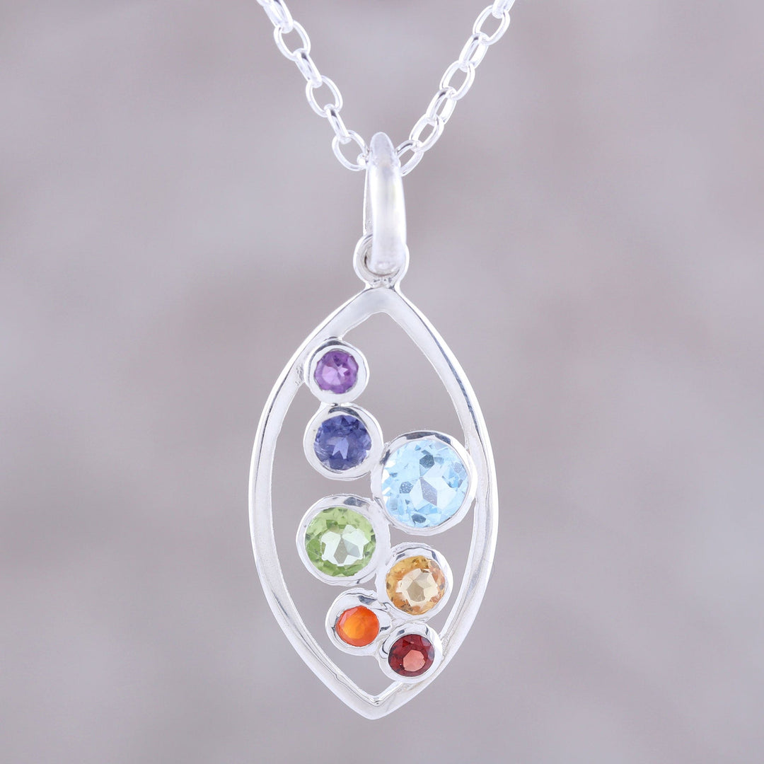 Multi-Gemstone and Sterling Silver Ellipse Pendant Necklace - Rainbow Within