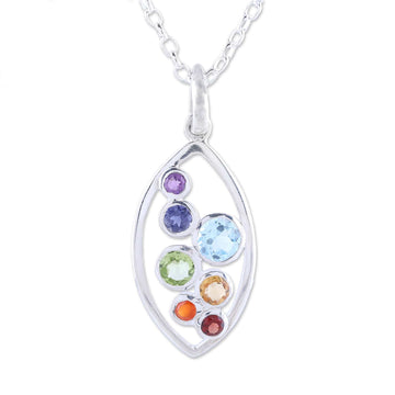 Multi-Gemstone and Sterling Silver Ellipse Pendant Necklace - Rainbow Within