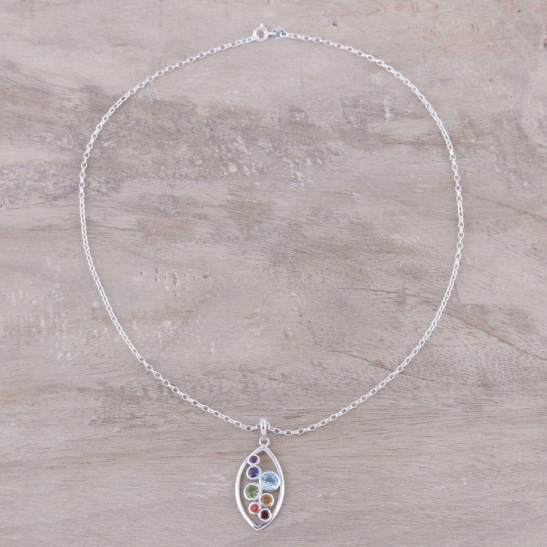 Multi-Gemstone and Sterling Silver Ellipse Pendant Necklace - Rainbow Within