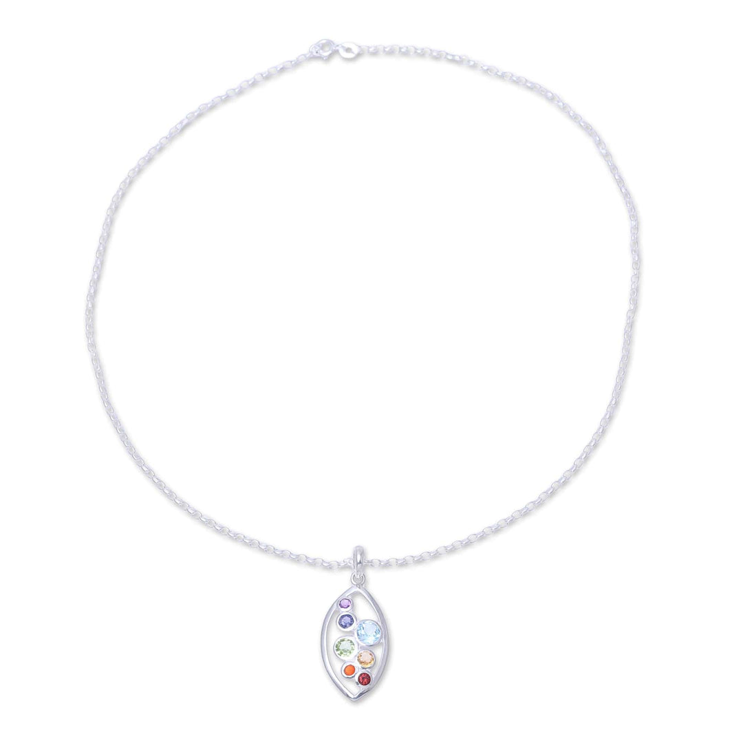 Multi-Gemstone and Sterling Silver Ellipse Pendant Necklace - Rainbow Within