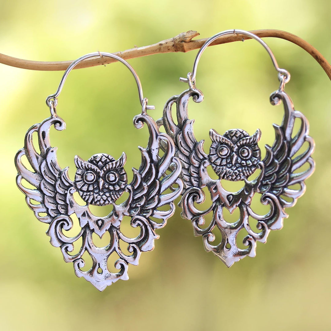 Sterling Silver Owl Hoop Earrings from Bali - Owl Majesty